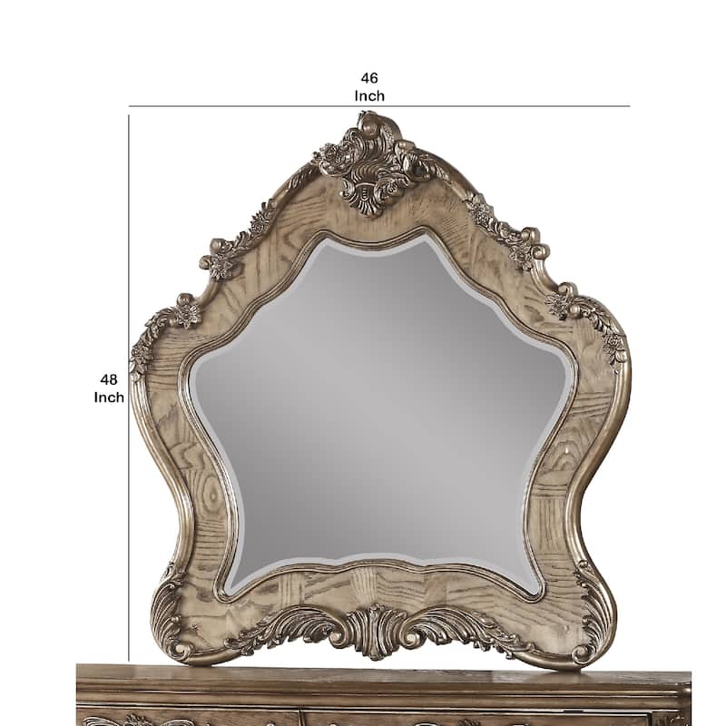 Wooden Mirror with Scrollwork Crown and Trim Details, Brown and Silver