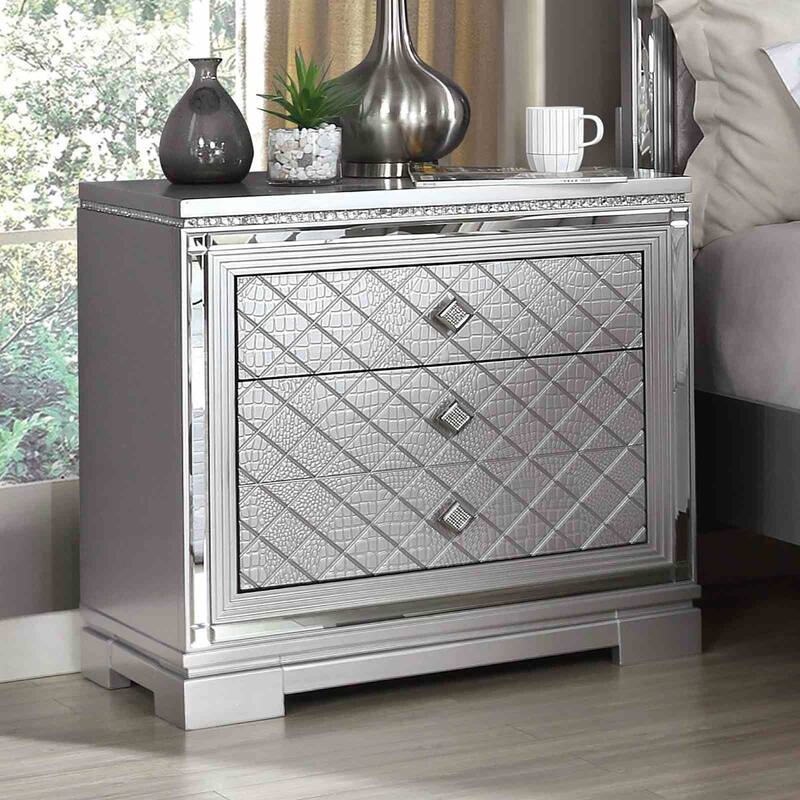 Glam Nightstand with USB Port & Hidden Jewelry Drawer - Silver Finish