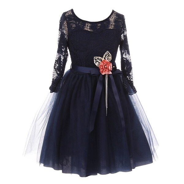 Shop Girls Navy Floral Lace Long Sleeve Mesh Overlay