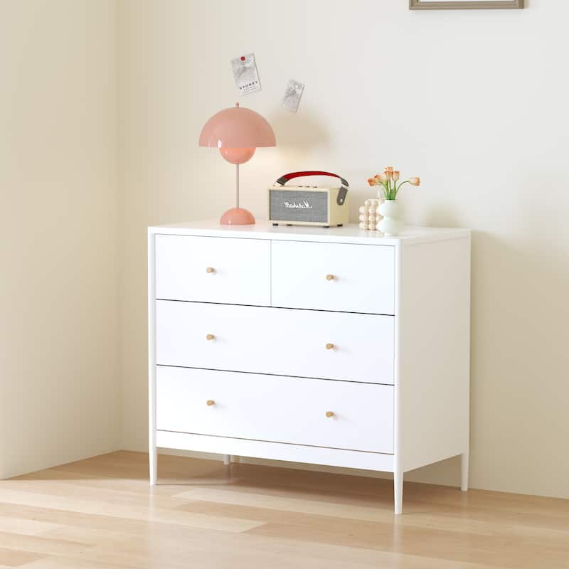 Anmytek White 4 Drawer Dresser Minimalist Storage Chest with Wood Knobs
