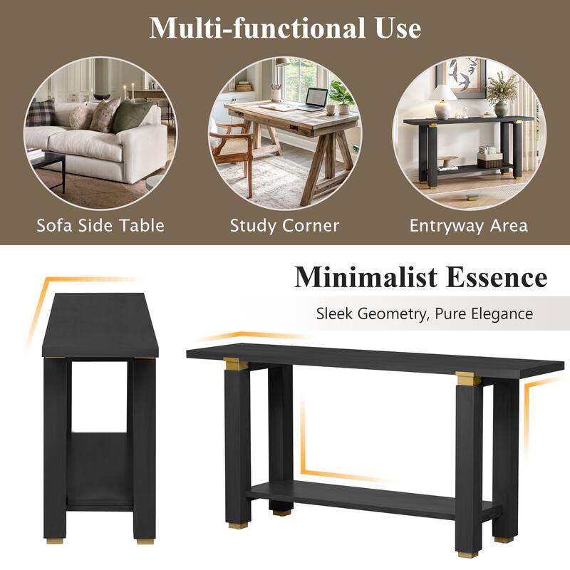 Modern Minimalist Console Table, Wooden Entryway Side Table with Metal Accents, Sofa Table with Built-in Storage Shelf