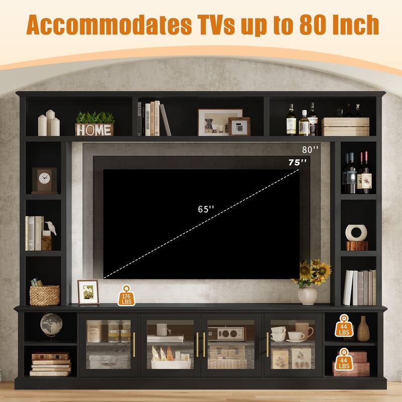 Wall Unit Entertainment Center for TVs up to 80", All-in-One TV Stand with Bookshelves, Glass Doors, Media Console with Shelving