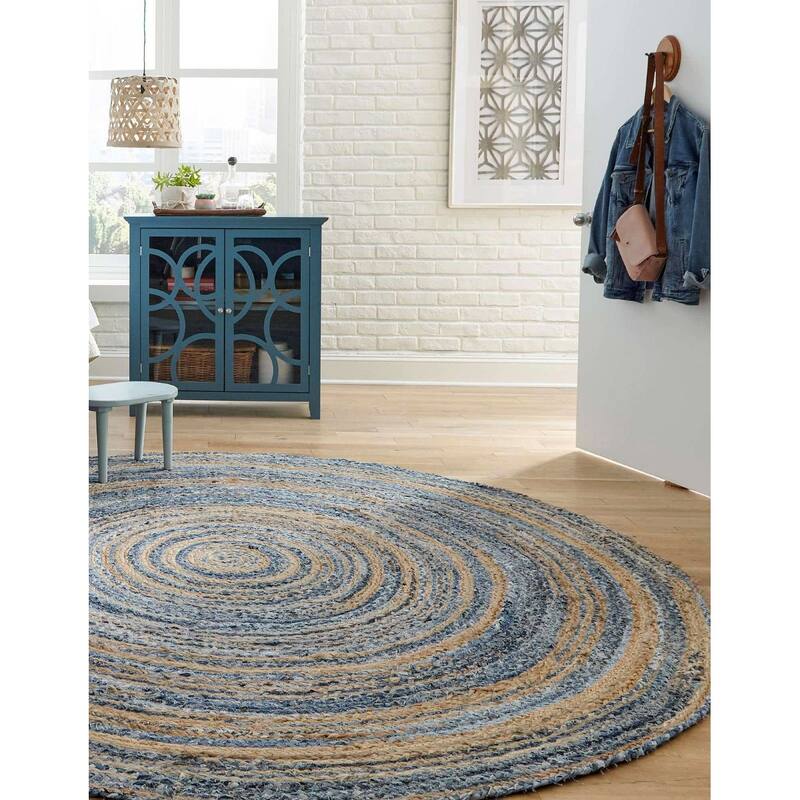 Braided Slin Collection Area Rug - 8' Round - Blue-Natural