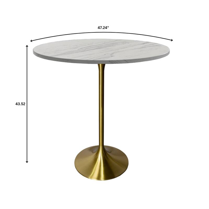 LeisureMod Verve Round Bar Dining Table with White Resin TableTop and Gold Steel Base for Kitchen & Dining Room
