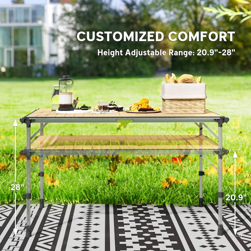Light Brown Aluminum Adjustable Folding Picnic Table for Outdoor Use - 51.2" L x 31.5" W x 20.9"-28" H