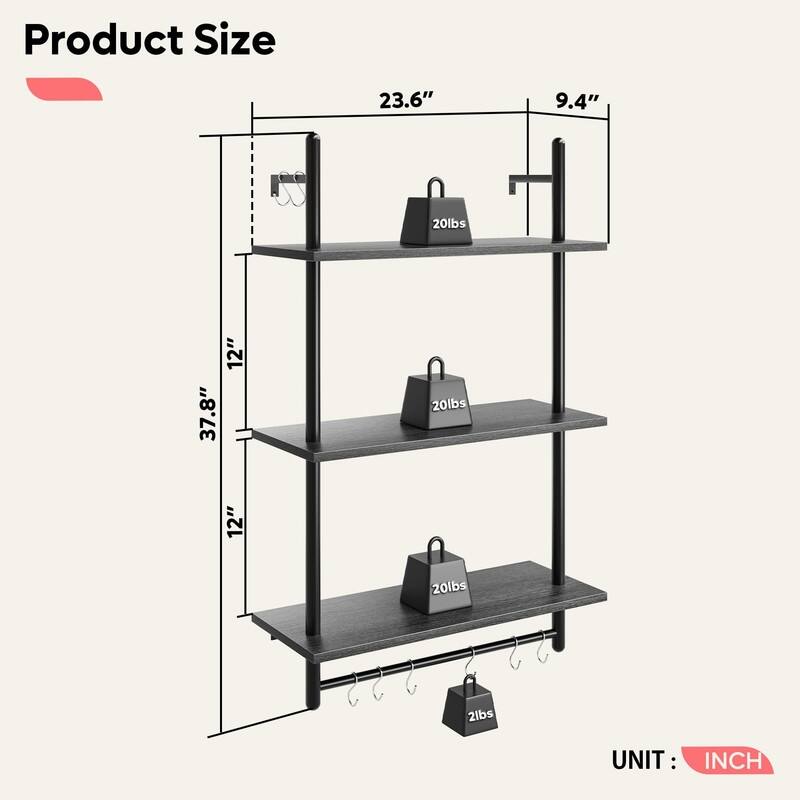 3 Tier Industrial Pipe Shelving - 9.4"D x 23.6"W x 37.8"H