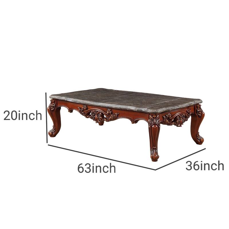 Traditional Style Rectangular Wood and Marble Coffee Table, Walnut Brown