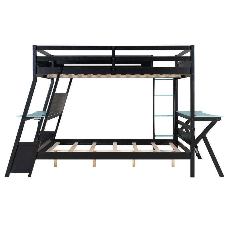 E-sports Inspired Bunk Bed with 2 Built-In Gaming Desks, USB Desktop Ports and Pegboard Organizer, Bunk Frame for Teens Gamer
