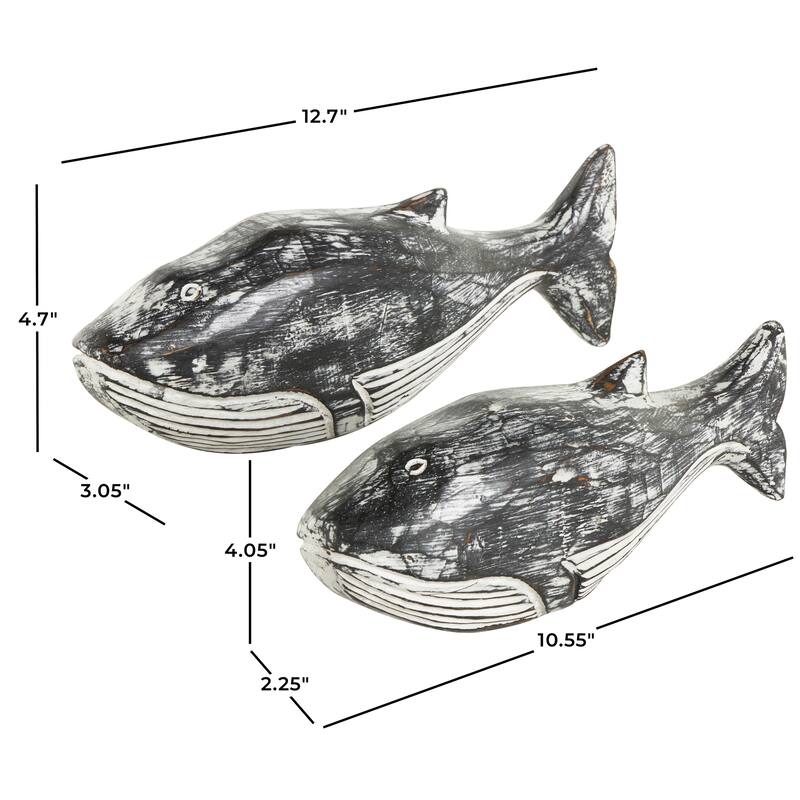 Cream Wood Distressed Whale Decorative Sculpture (Set of 2)