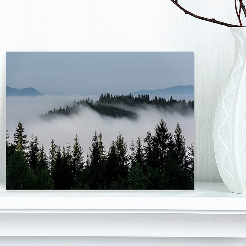 Dark Trees and Fog Over Mountains - Landscape Art Print Canvas - 12 in. wide x 8 in. high