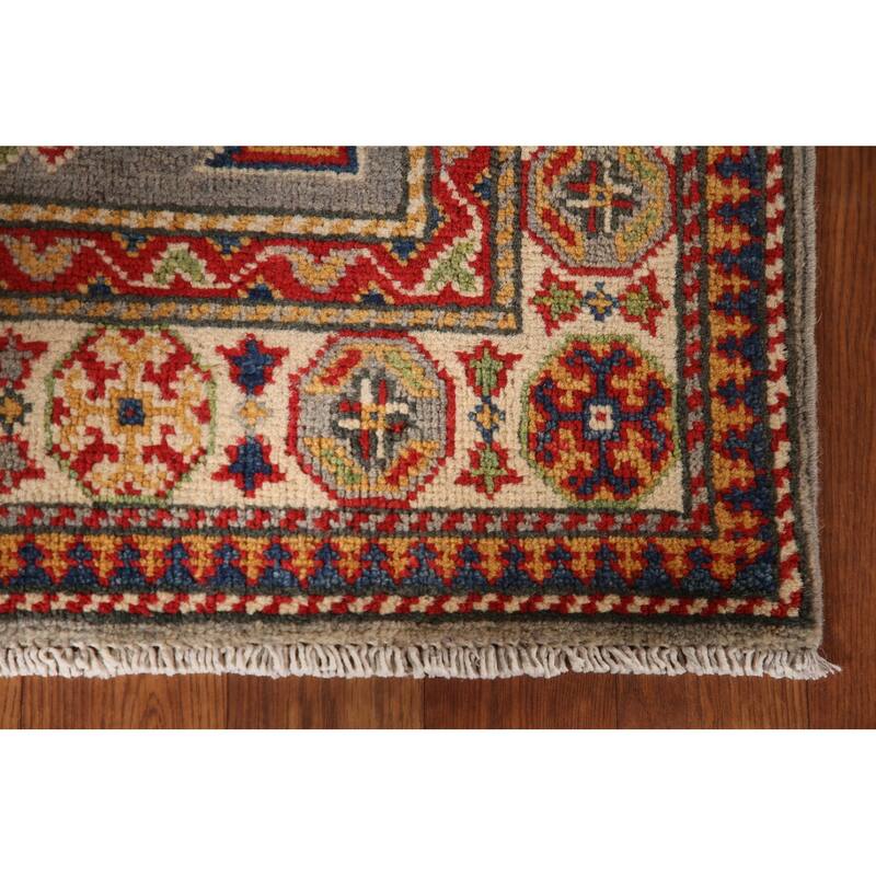 Geometric Kazak Oriental Accent Rug Handmade Grey Wool Carpet - 2'8" x 4'2"