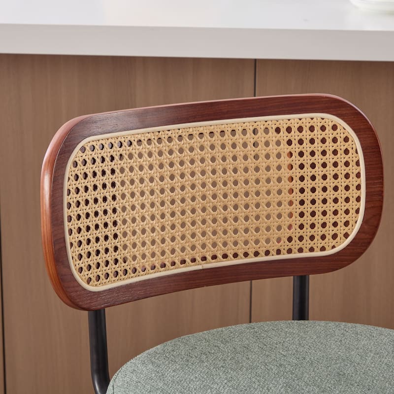 Linen Upholstered Swivel Bar Stools Set of 2, Counter Height Bar Stools with Rattan Back, Kitchen Island Chairs with Footrest