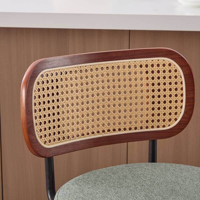 Roomfitters Upholstered Swivel Bar Stools Set of 2 with Rattan Back and Wood Legs, Modern Counter Height Dining Chairs