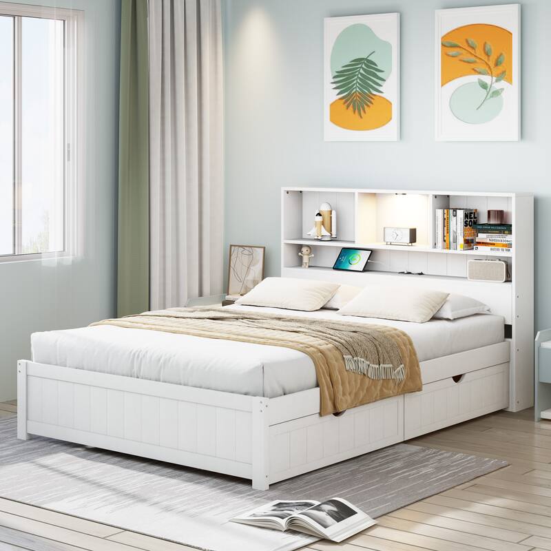 Wood Platform Bed Frame with Built-In Night Light/Charging Station/Open Bookcase Headboard/and 2 Side Drawers/Wood Slats Support