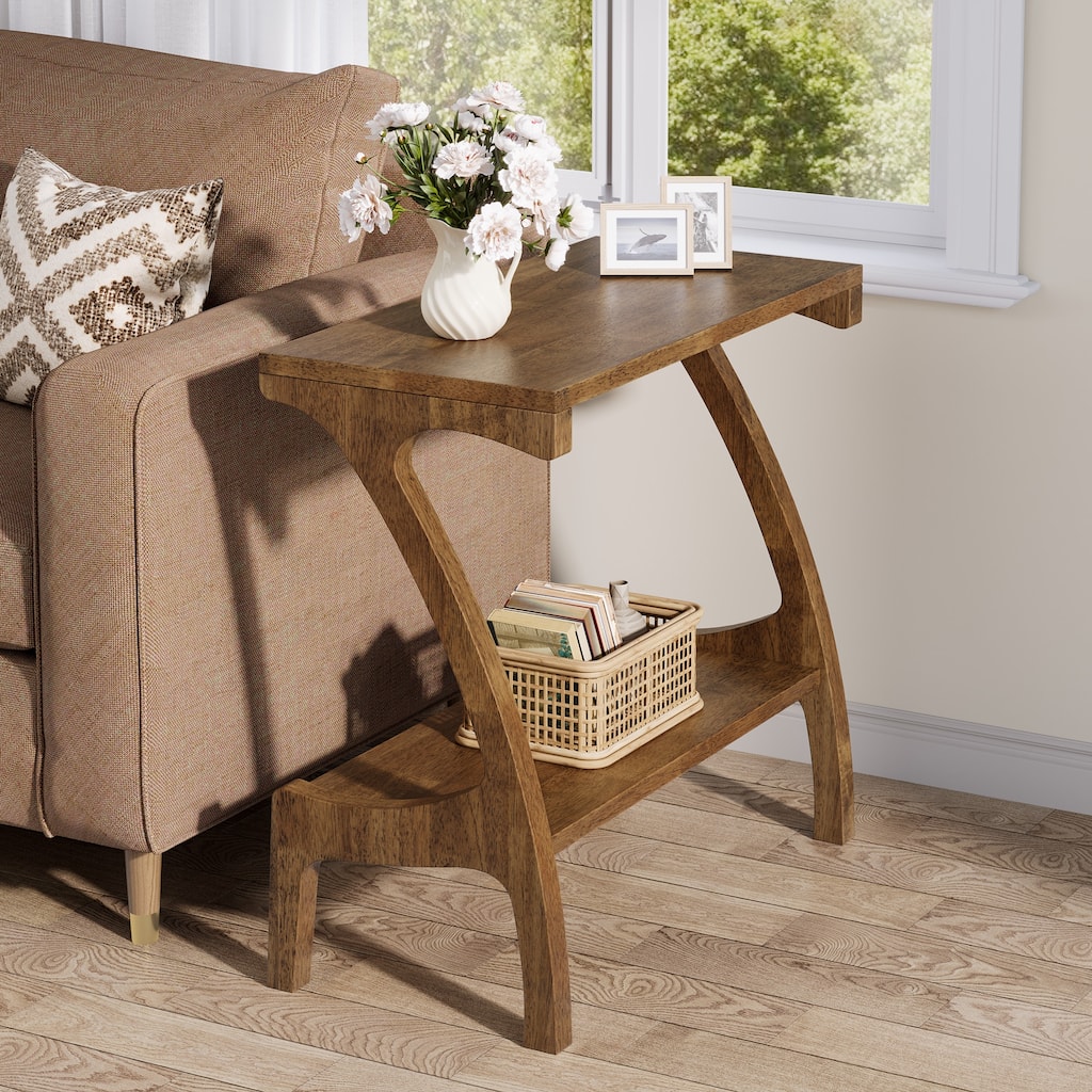 Solid Wood End Table Side Table with 2-Tier Storage
