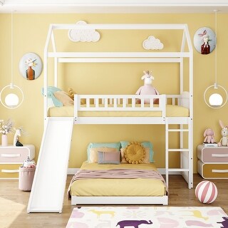 White Twin Over Twin Wood House Bed Bunk Bed with Convertible Slide and ...