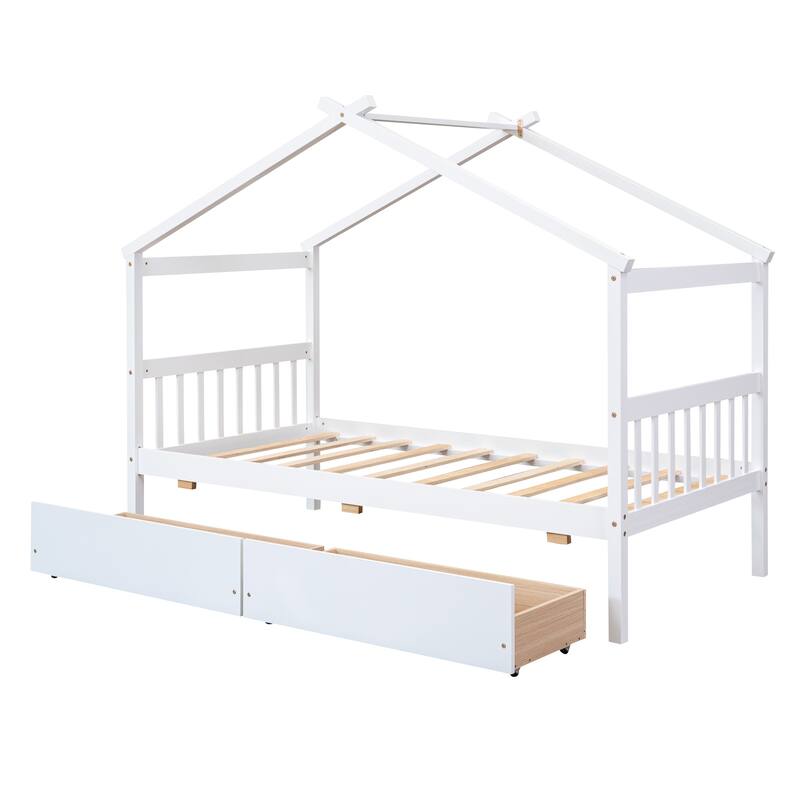 Twin Size Wooden House Bed with Drawers, Kids House-Shaped Daybed with Roof and Storage, Pinewood Frame, No Box Spring Needed