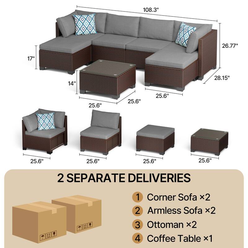 7 Piece Patio Furniture Set, All-Weather PE Rattan Outdoor Conversation Sofa Set with Waterproof Cushions & Coffee Table