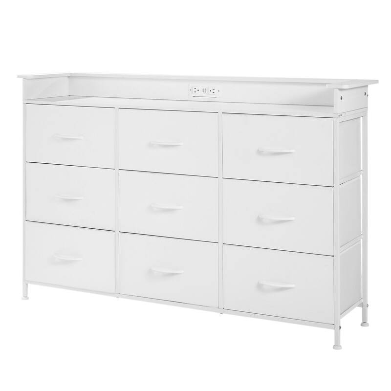 White 9 Fabric Drawer Tall Dresser with Power Outlets and Sturdy Steel Frame