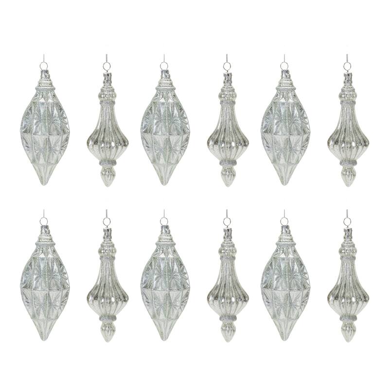 Shiny Glittered Glass Christmas Drop Ornaments 7" 180mm Silver 12ct