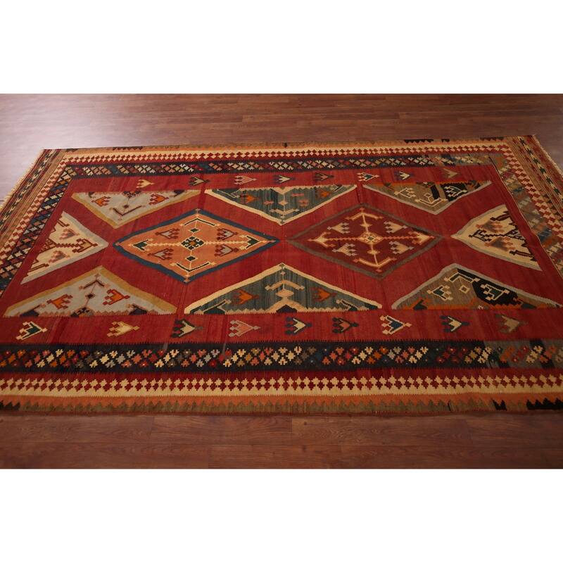 Kilim Qashqai Persian Vegetable Dye Vintage Flatweave Wool Carpet - 5'4" X 9'6"