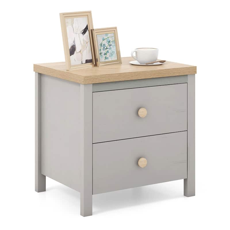 Gymax Nightstand Farmhouse Side End Table w/ Solid Wood Legs & 2 - Grey