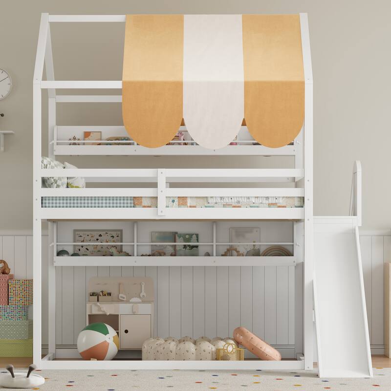 Fairytale Full Size House-shaped Loft Bed with Striped Fabric Canopy, Fun Slide Design and Built-in Bookshelves