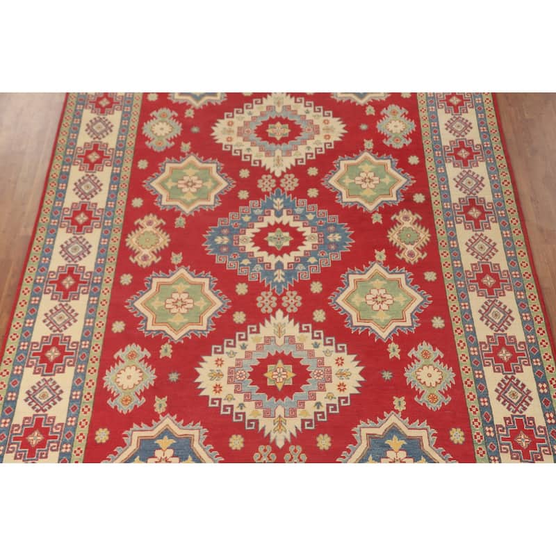 Geometric Kazak Area Rug Hand-Knotted Red Wool Carpet - 8'0" x 11'0"