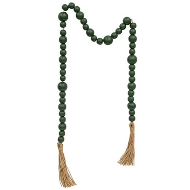 Evergreen Wood Bead Garland with Tassel 48” Deep Green Rustic Farmhouse Home Decor