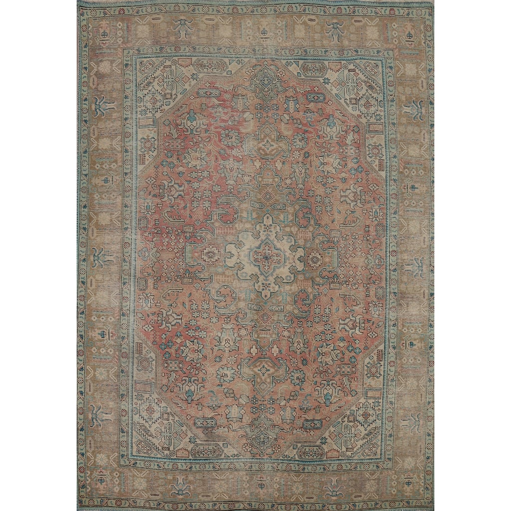 Pink Distressed Tabriz Persian Area Rug Hand-Knotted Wool Carpet - 6'8" x 9'0"