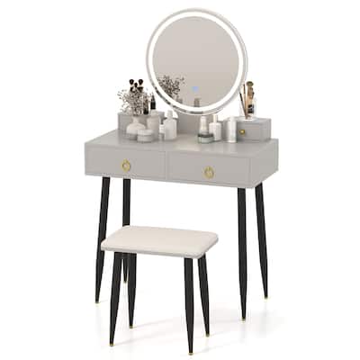 Costway Vanity Makeup Dressing Table Stool Set 3-Color Lighted Mirror - See Details