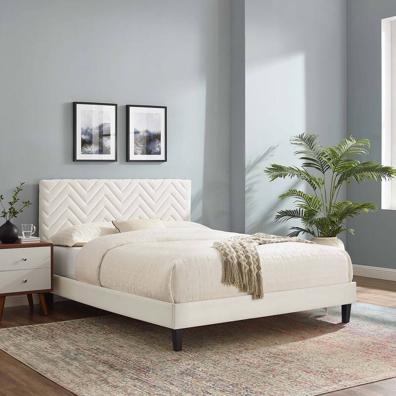Leah Chevron Tufted Performance Velvet Twin Platform Bed - White