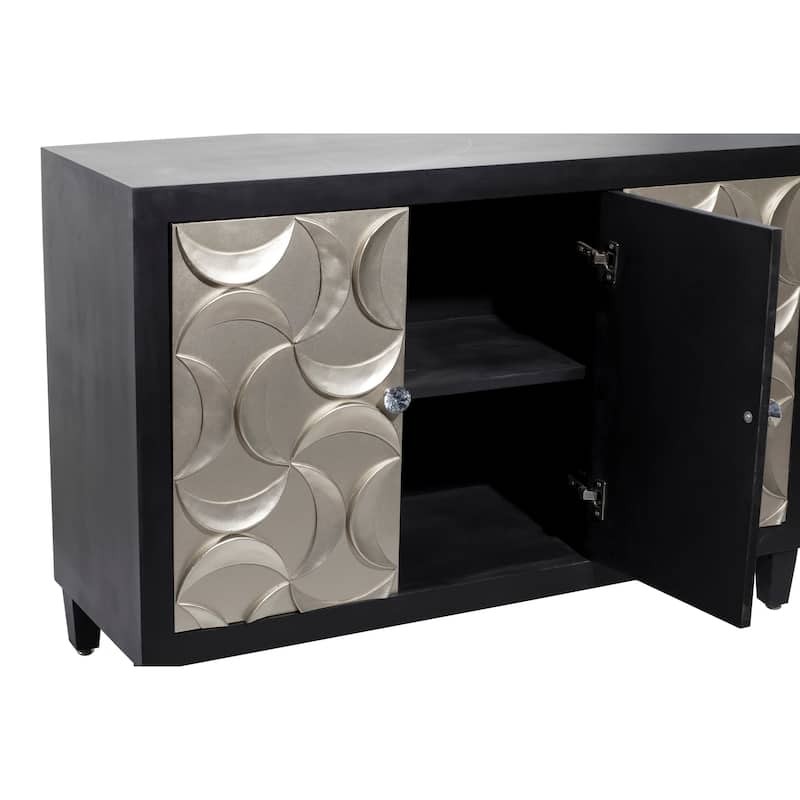Wooden Moon Silver Crescent Relief Design 2 Door Cabinet with Crystal Knob Handles - Black - Roche River Decor