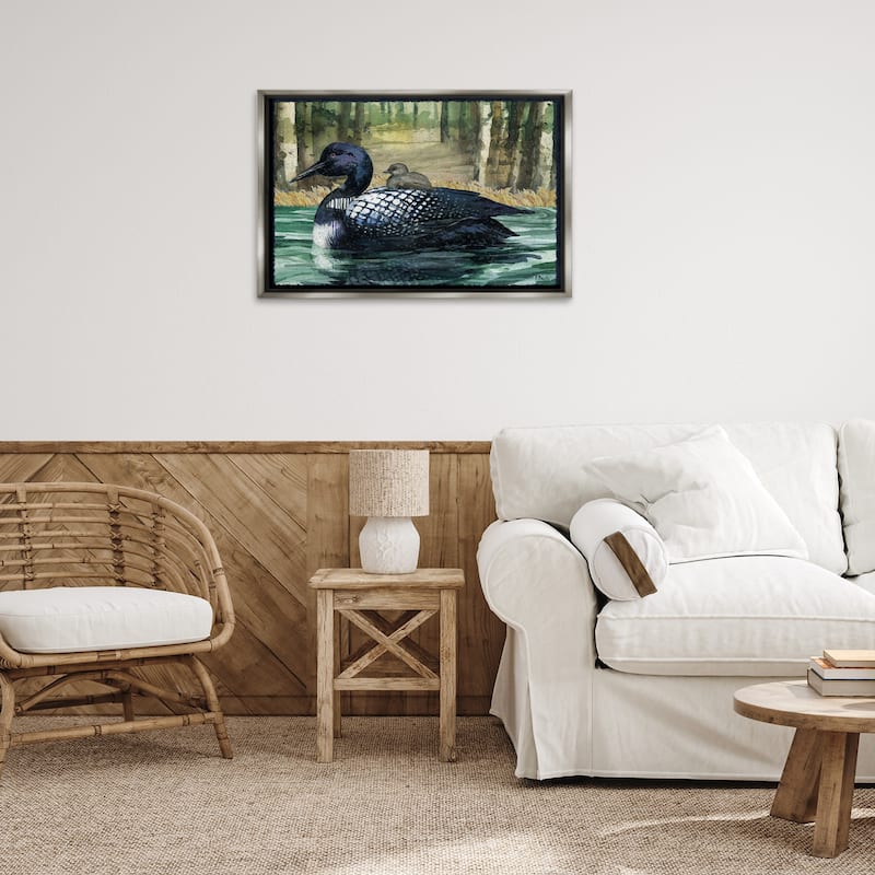 Stupell Loon with Baby on Lake Framed Floater Canvas Wall Art Design By Paul Brent