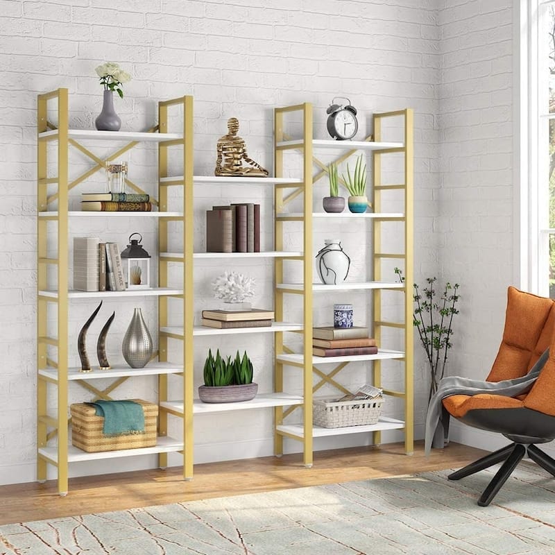 Open Triple Wide 5-Shelf Bookcase, Industrial Etagere Bookshelf for Home & Office