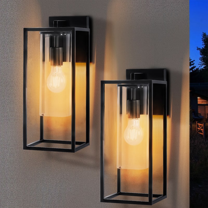 2 Pack Metal 1-Light Clear Glass Outdoor Wall Lighting Sconce - M: 15.7"Hx6.2"Wx8"D - Black
