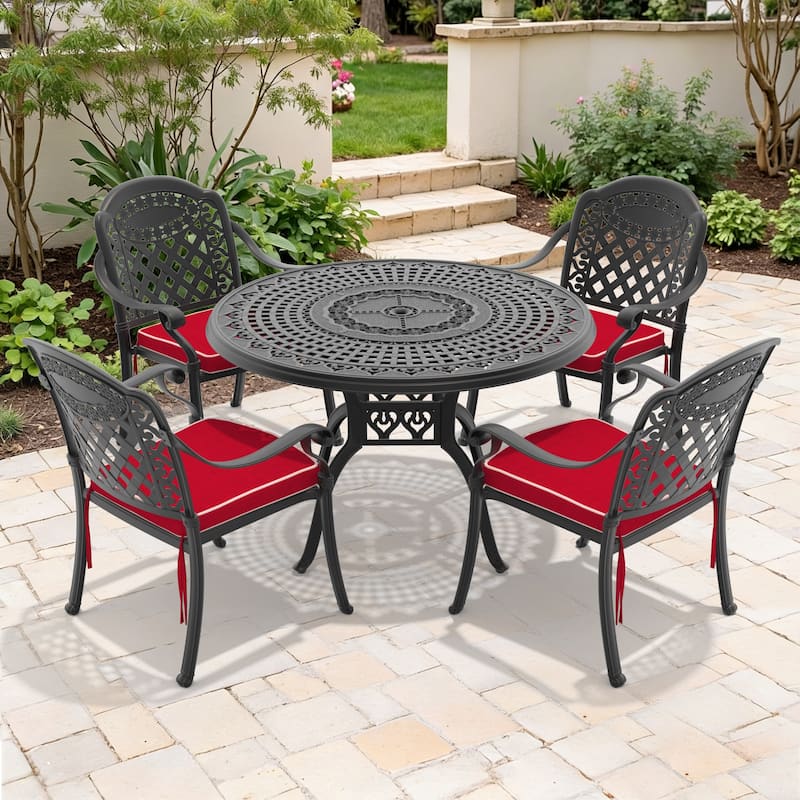5-Piece Set Of Cast Aluminum Patio Furniture With Red Cushions - Black