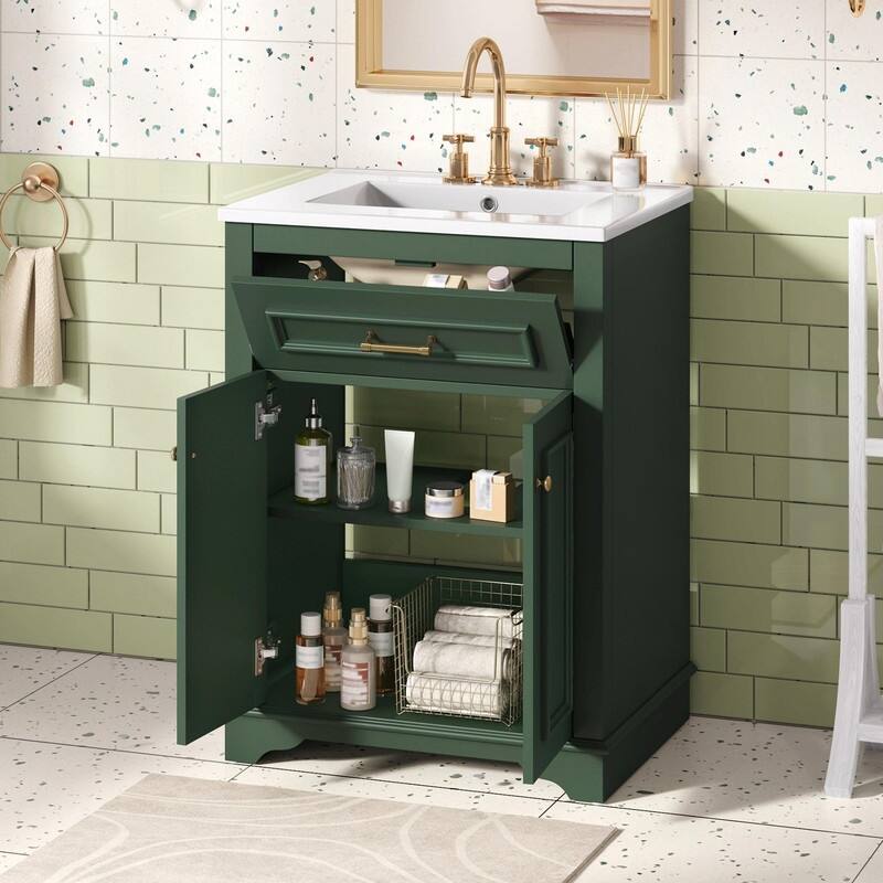 24" Bathroom Vanity with Integrated Ceramic Sink, Cabinet with 2 Doors and 1 Tip-Out Drawer, Single Sink Vanity