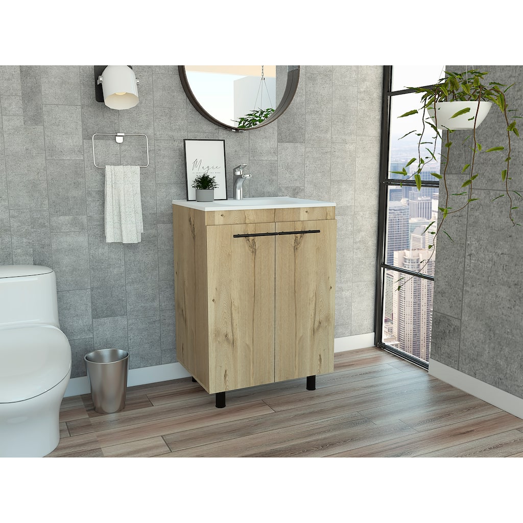 Light Oak 2-Door Rectangle Freestanding Vanity Cabinet with Drop-In Sink and 2 Shelves, Compact Bathroom Storage