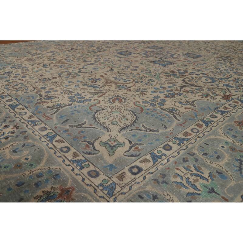 Floral Medallion Tabriz Persian Area Rug Beige Handmade Wool Carpet - 9'7"x 12'9"
