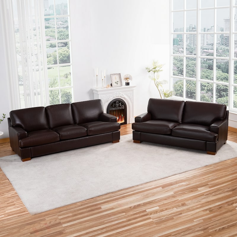 Genuine Leather Sofa Set - Chair, Loveseat & Sofa with Feather Cushions - Loveseat&Sofa