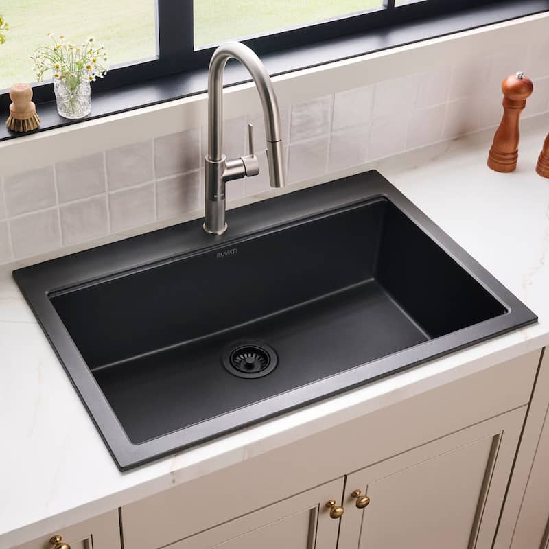 Ruvati 33 x 22 inch epiGranite Drop-in Topmount Granite Composite Quartz Single Bowl Kitchen Sink - Midnight Black - RVG1083BK