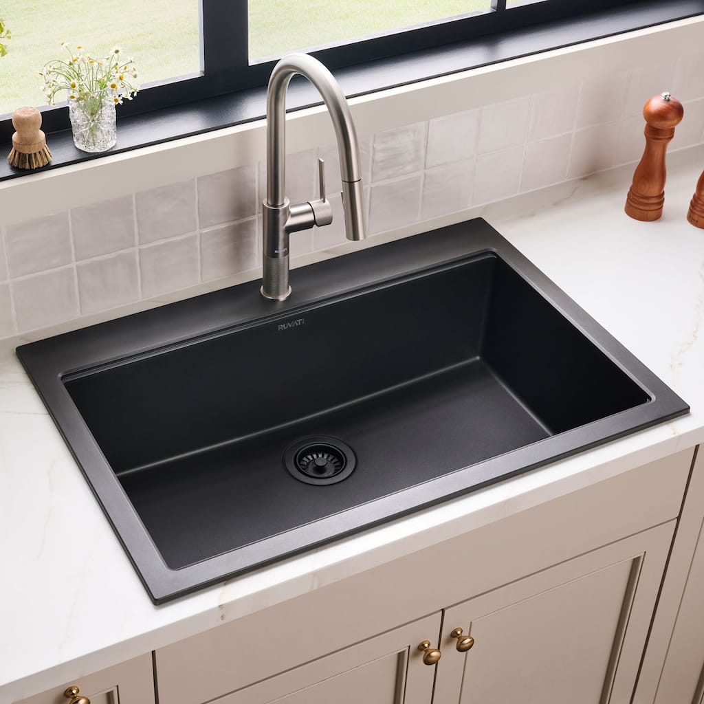 Ruvati 33 x 22 inch epiGranite Drop-in Topmount Granite Composite Quartz Single Bowl Kitchen Sink - Midnight Black - RVG1083BK