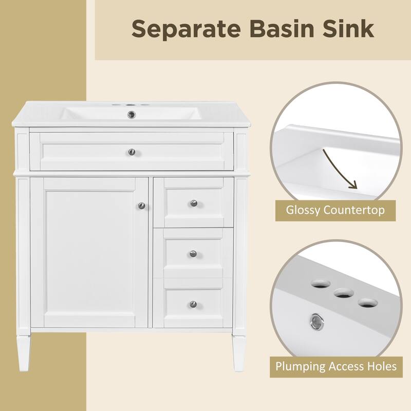 30 Inch Bathroom Vanity with Ceramic Top, 2 Storage Drawers, Tip-Out Tray, Solid Wood Frame Cabinet