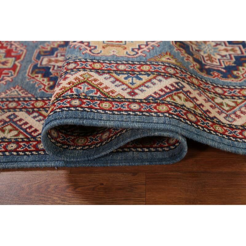 Blue Geometric Kazak Runner Rug Hand-Knotted Wool Carpet - 2'9" x 11'3"