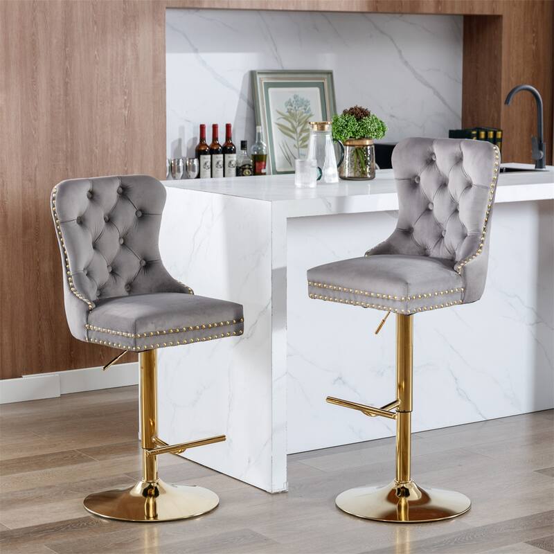 2 Piece Adjustable Swivel Velvet Upholstered Barstools with Metal Base - Grey