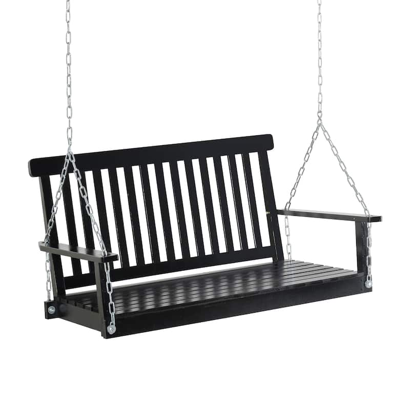 Outdoor Wooden 2-Person Seat Porch Swing Chair with Adjustable Hanging Bench, Slatted Design Hanging Chair