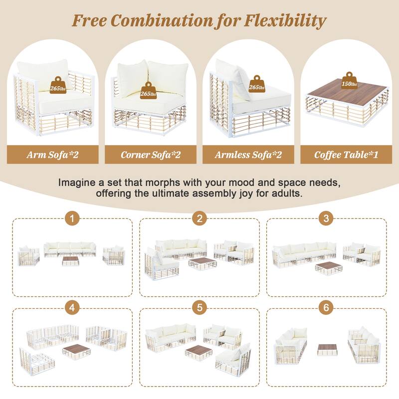 7-Piece Outdoor Metal Modular Sectional Sofa Set with Coffee Table and Chairs, Free Combination
