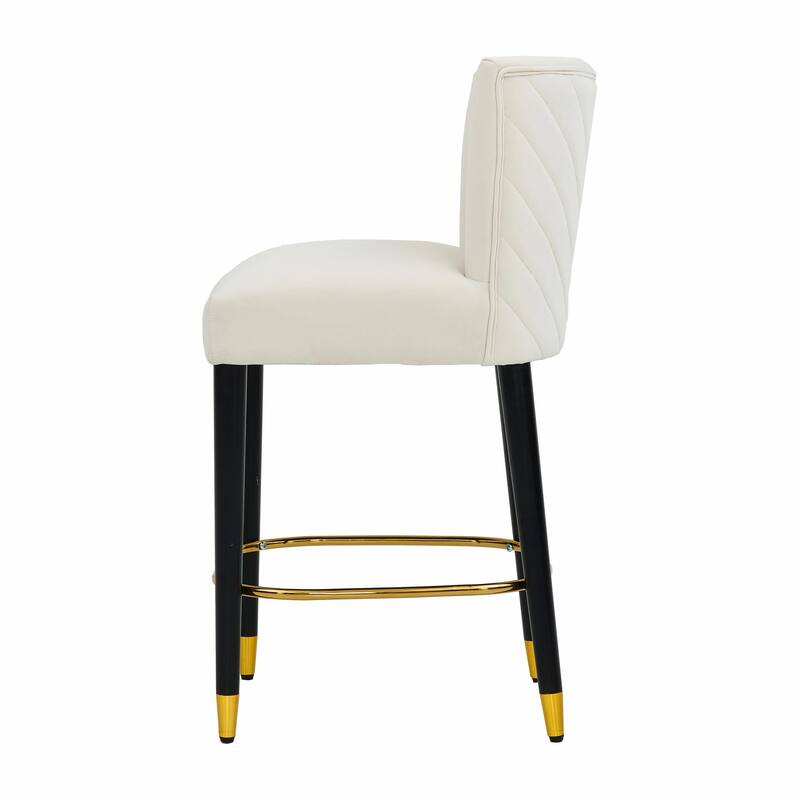 27-Inch Counterstool with Light-Colored Fabric and Gold-Tipped Circular Footrest