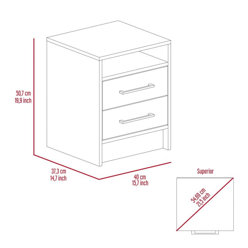 Wood 2-Drawer Nightstand with Shelf and Metal Accents